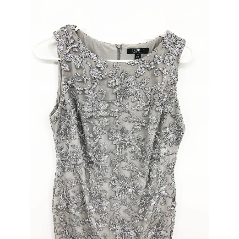 Lauren RL Womens Silver Embroidered Party Sheath Sleeveless Dress Size 10